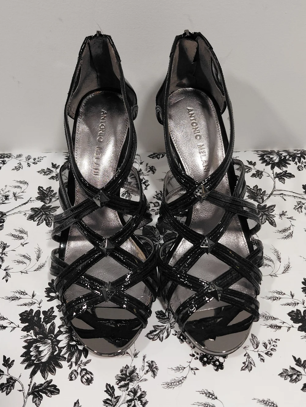 Antonio Melani Black Patent & Mesh Strappy Heels-Women's Size 9M